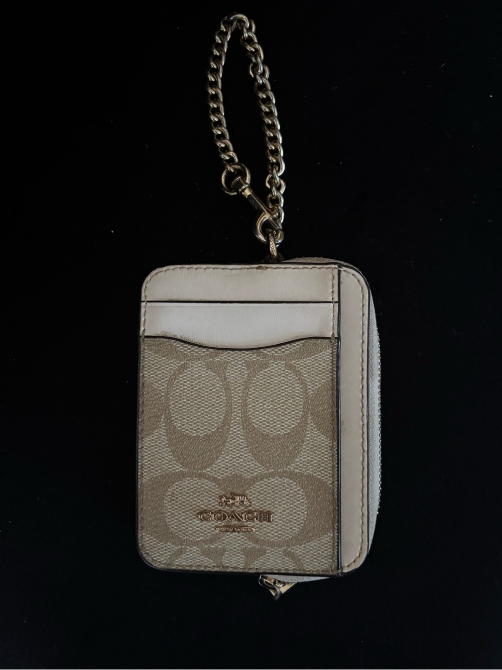 Coach Beige Signature Zip Card Case Wristlet with Cream Trim